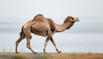 ai gerado majestoso camelo passeando graciosamente de a água, camelo cenário foto