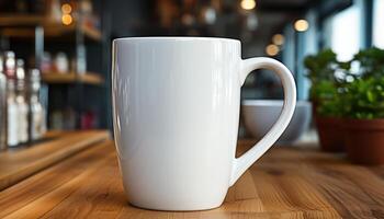 ai gerado uma branco caneca sentado em uma mesa, cenário do café foto