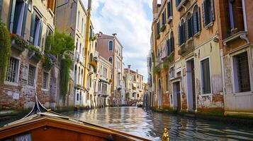 ai gerado lindo cena a partir de Veneza, com uma foco em uma limitar canal cercado de alto, envelhecido edifícios ai gerado foto