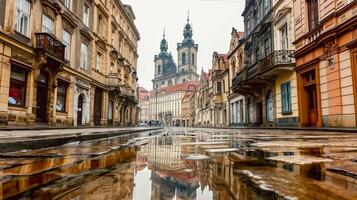 ai gerado foto calçada portuguesa rua forrado com histórico edifícios conduzindo para a ornamentado catedral. a edifícios ter rústico charme, apresentando pedra construção e madeira varandas ai gerado