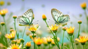 ai gerado foto seletivo foco tiro do uma lindo borboleta sentado em uma ramo com pequeno amarelo flores ai gerado