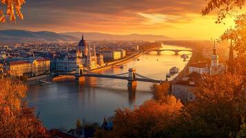 ai gerado imagem do cênico Visão do cidade com proeminente arquitetônico estrutura, ponte sobre rio, e a em torno da panorama banhado dentro a caloroso brilho do pôr do sol ai gerado foto