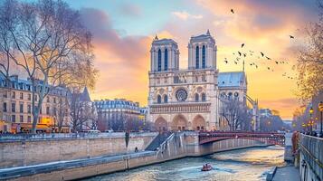 ai gerado foto do a icônico notre dame catedral dentro Paris, com sereno rio fluindo dentro a primeiro plano e macio, colorida céu às crepúsculo Como pano de fundo ai gerado