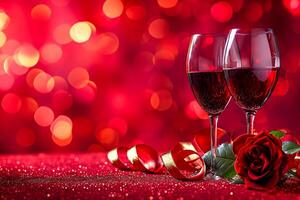 ai gerado óculos vinho, floresceu vermelho rosa dourado fita, romântico tema celebrações do amor ai gerado foto