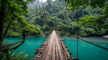 ai gerado imagem do madeira suspensão ponte cruzando sobre turquesa colori rio. exuberante verde árvores e vegetação cercar a rio e ponte, indicando arborizado área. ai gerado foto