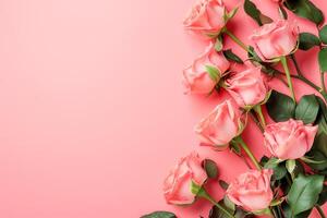 ai gerado Rosa flor de madeira fundo. Casamento convite dia dos namorados dia topo Visão esvaziar espaço ai gerado foto