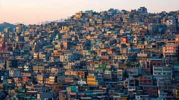 ai gerado imagem mostra densamente populosa encosta coberto dentro edifícios, o maior edifícios ficar de pé proeminentemente no meio menor estruturas ai gerado foto