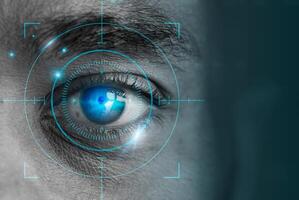 retinal biometria tecnologia com homem olho digital remixar com cópia de espaço foto