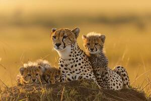 ai gerado guepardo com dela filhotes em repouso em uma monte dentro a selvagem, banhado dentro a dourado luz do a Aumentar Sol ai gerado foto