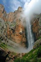 ai gerado mago captura poderoso cascata em cascata baixa áspero, rochoso montanha penhasco. a céu acima é parcialmente nublado indicando vida no meio a rochoso terreno ai gerado foto