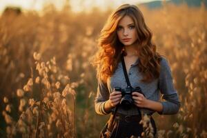 ai gerado retrato do uma lindo jovem Loiras mulher dentro uma branco vestir corrida através a dourado trigo campo às pôr do sol .ai gerado foto