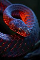 ai gerado vibrante imagem do uma serpente com balanças este estão iluminado dentro vibrante vermelho e Sombrio tons ai gerado foto
