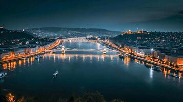 ai gerado aéreo noite Visão do uma paisagem urbana cercado de água ai gerado foto