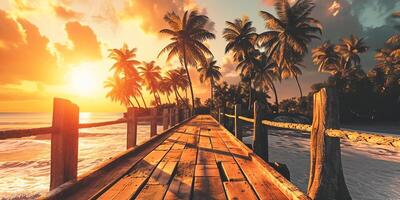 ai gerado calçadão com Palma árvores dentro tropical ilha às pôr do sol, dentro a estilo do luxuoso ai gerado foto