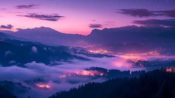 ai gerado montanhas dentro névoa em lindo noite. panorama com Alto montanha vale, baixo nuvens, floresta, roxa céu com estrelas, iluminador a cidade às pôr do sol ai gerado foto