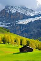 ai gerado sereno natural panorama com pequeno madeira cabine aninhado dentro a primeiro plano. a cabine devemos estar situado em exuberante verde colina, com imponente neve limitado montanhas fundo ai gerado foto