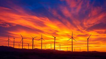 ai gerado foto do vento turbinas recortado contra vibrante pôr do sol. abaixo a Horizonte devemos estar escurecido paisagem, pacífico configuração ai gerado