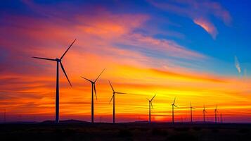 ai gerado foto do vento turbinas recortado contra vibrante pôr do sol. abaixo a Horizonte devemos estar escurecido paisagem, pacífico configuração ai gerado