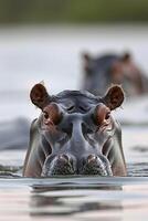 ai gerado hipopótamo cabeça emergente a partir de a água. a água tem □ Gentil ondulações, indicando calma ai gerado foto