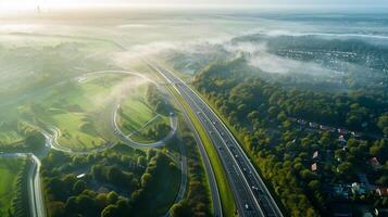 ai gerado aéreo Visão captura enrolamento rodovia corte através panorama com residencial áreas, florestas, e Campos. a rodovia é proeminente, com veículo visível, ai gerado foto