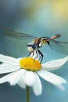 ai gerado libélula em repouso em a pétalas do uma branco flor ai gerado foto