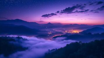 ai gerado montanhas dentro névoa em lindo noite. panorama com Alto montanha vale, baixo nuvens, floresta, roxa céu com estrelas, iluminador a cidade às pôr do sol ai gerado foto