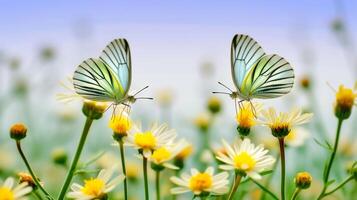 ai gerado foto seletivo foco tiro do uma lindo borboleta sentado em uma ramo com pequeno amarelo flores ai gerado