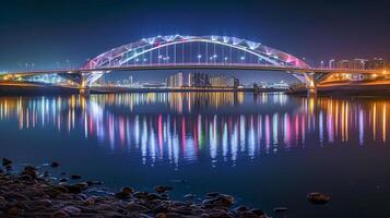 ai gerado sereno noite cena apresentando a arquitetonicamente moderno ponte ai gerado foto