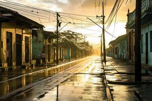 ai gerado rua cena nascer do sol ou pôr do sol. a estrada vencimento para recente chuva, e reflete a luz a partir de a céu. edifícios linha ambos lados do a rua velho e ter rústico charme ai gerado foto