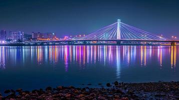 ai gerado sereno noite cena apresentando a arquitetonicamente moderno ponte ai gerado foto