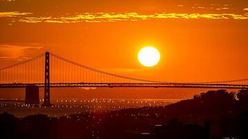 ai gerado deslumbrante foto do pôr do sol com a laranja e amarelo gradiente céu. a Sol é proeminentemente visível, configuração atrás a silhueta do suspensão ponte. paisagem urbana silhueta ai gerado