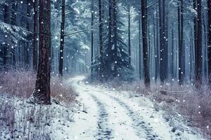 ai gerado imagem do Nevado caminho enrolamento através denso floresta do alto, delgado árvores flocos de neve estão queda suavemente, adicionando para a tranquilo e sereno atmosfera ai gerado foto