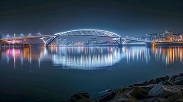 ai gerado sereno noite cena apresentando a arquitetonicamente moderno ponte ai gerado foto