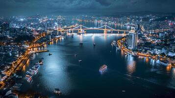 ai gerado aéreo noite Visão do uma paisagem urbana cercado de água ai gerado foto