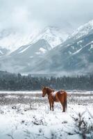 ai gerado sereno e Nevado panorama com uma solteiro Castanho cavalo em pé dentro a neve ai gerado foto