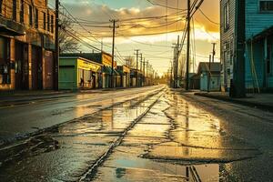 ai gerado rua cena nascer do sol ou pôr do sol. a estrada vencimento para recente chuva, e reflete a luz a partir de a céu. edifícios linha ambos lados do a rua velho e ter rústico charme ai gerado foto