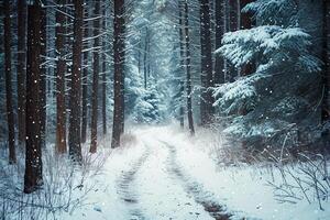 ai gerado imagem do Nevado caminho enrolamento através denso floresta do alto, delgado árvores flocos de neve estão queda suavemente, adicionando para a tranquilo e sereno atmosfera ai gerado foto