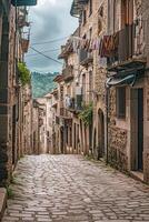 ai gerado imagem captura estreito, calçada portuguesa rua forrado com velho edifícios e lavanderia suspensão a partir de a varandas. a céu é nublado, a pedra estrada e edifícios ai gerado foto