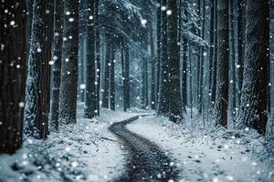 ai gerado imagem do Nevado caminho enrolamento através denso floresta do alto, delgado árvores flocos de neve estão queda suavemente, adicionando para a tranquilo e sereno atmosfera ai gerado foto