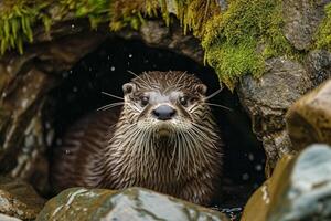 ai gerado lontra com molhado pele emergente a partir de uma rochoso cova cercado de pedras coberto dentro verde musgo ai gerado foto