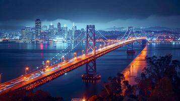 ai gerado belas iluminado ponte às noite, com a cidade luzes dentro a fundo ai gerado foto