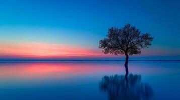 ai gerado sereno foto do solitário árvore em pé parcialmente submerso dentro calma corpo do água, com a gradiente matizes do pôr do sol ou nascer do sol refletindo em a água superfície. ai gerado