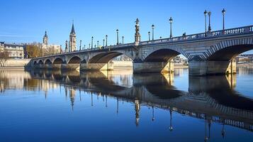 ai gerado grande, elegante pedra ponte com múltiplo arcos abrangendo através calma rio ai gerado foto