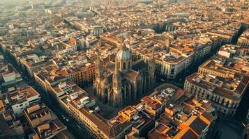 ai gerado aéreo Visão captura histórico catedral cercado de densamente embalado paisagem urbana. a cidade tem limitar ruas e Castanho telhados, com tradicional arquitetura ai gerado foto