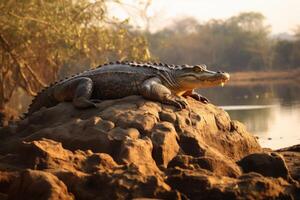ai gerado indiano pântano crocodilo banhos de sol dentro ranganathittu pássaro santuário foto