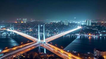 ai gerado belas iluminado ponte às noite, com a cidade luzes dentro a fundo ai gerado foto