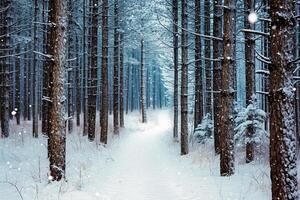 ai gerado imagem do Nevado caminho enrolamento através denso floresta do alto, delgado árvores flocos de neve estão queda suavemente, adicionando para a tranquilo e sereno atmosfera ai gerado foto