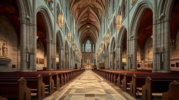 ai gerado imagem do grande catedral interior com imponente pedra arcos. madeira bancos devemos estar alinhado ai gerado foto