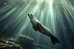 ai gerado mar leão natação embaixo da agua, iluminado de feixes do luz solar piercing através a superfície ai gerado foto