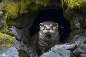 ai gerado lontra com molhado pele emergente a partir de uma rochoso cova cercado de pedras coberto dentro verde musgo ai gerado foto